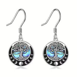 Tree of Life Moon Phase Dangle Earrings Sterling Silver Abalone Inlay